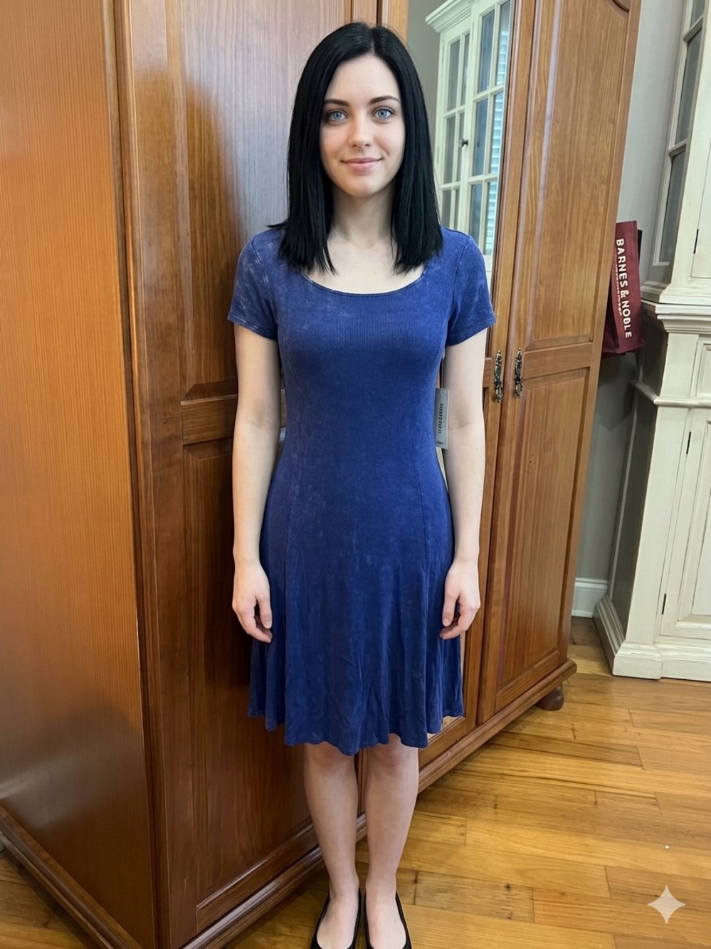 Ten Sixty Sherman Washed Blue Square Neck Fit-and-Flare Mini Dress